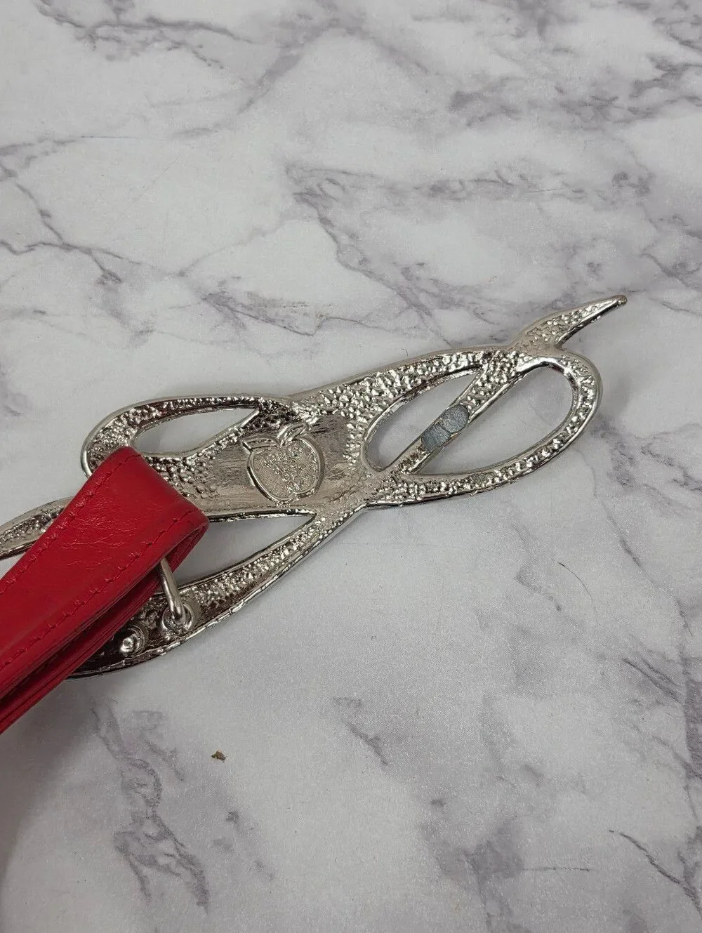 Vintage 80s Red Leather Belt with Silver Tone Etheral Knot Buckle